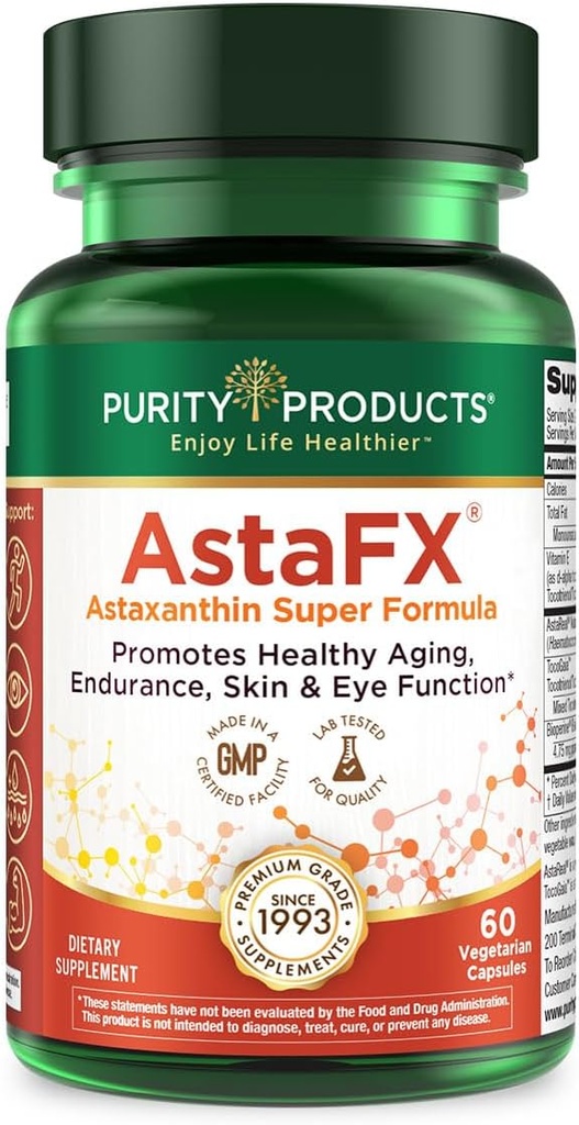 Produits de pureté AstaFX Astaxanthin Antioxydant Super Formule de 4 mg d'AstaREAL testé cliniquement avec des tocotriénols (Vitamine E) + Pepper noir BioPerine + Piperine - 60 capsules végétariennes