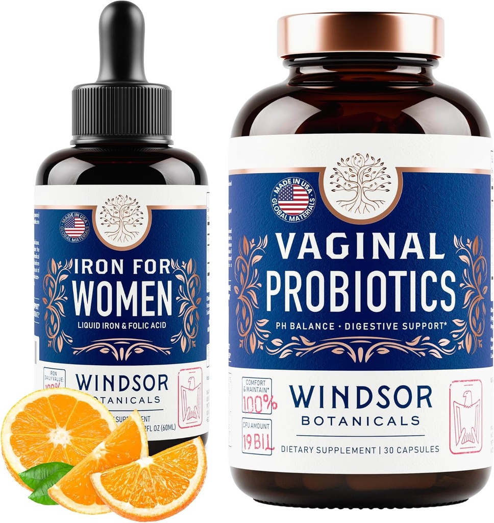 WINDSOR BOTANICALS Vaginal Probiotics and Liquid Iron Supplement Female Health Support Bundle
