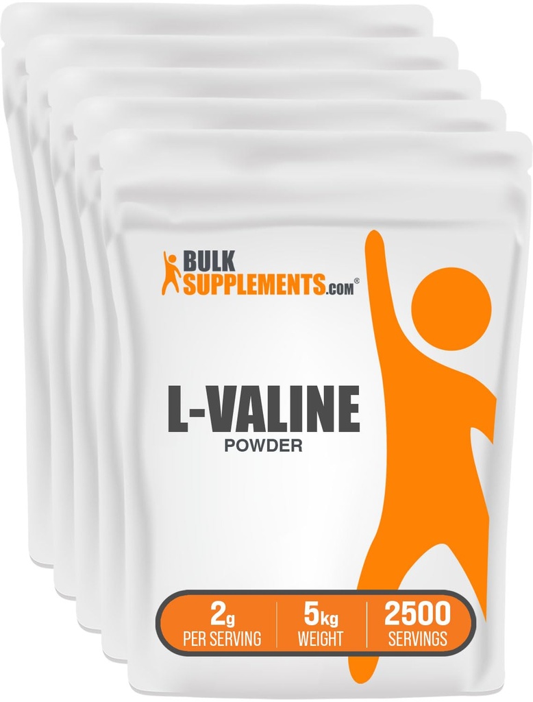 BulkSupplements.com Poudre L-Valine - Supplément d'acides aminés de la valine, BCAA Poudre d'énergie - Sans aromatisé et sans gluten, 2g par portion, 1kg (2,2 lbs) (paquet de 5)