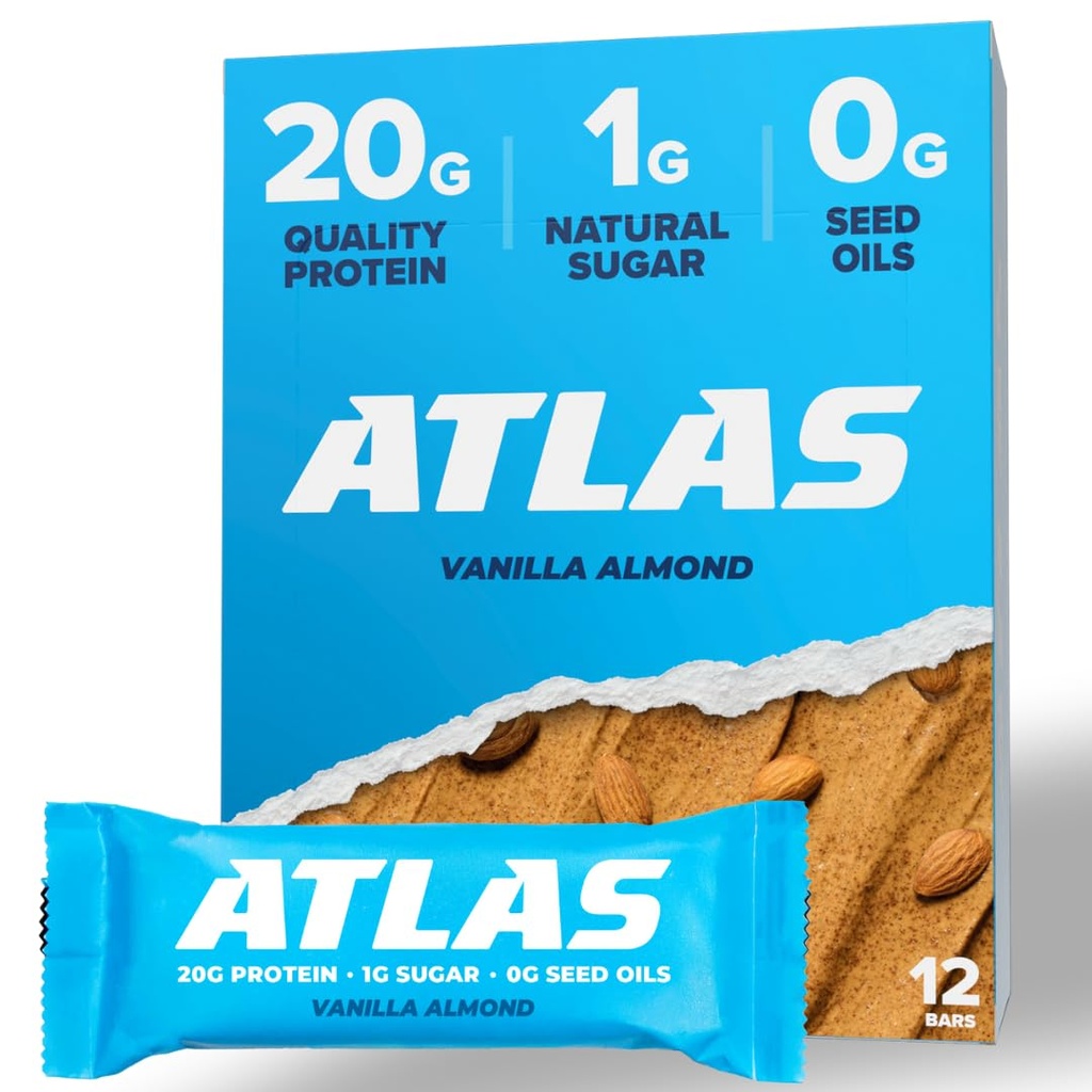 Atlas Protein Bar, 20g de protéines, 1g de sucre, ingrédients propres, sans gluten, amande de vanille (12 Compte, paquet de 1)