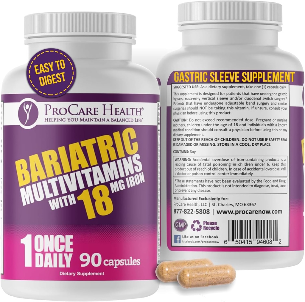 ProCare Health Multivitamine bariatrique avec fer 18mg (fourniture de 03 mois) - Vitamines bariatriques post-opératoires pour les patients de chirurgie bariatrique de contournement gastrique, aide à la récupération (90 Capsules faciles à avaler)