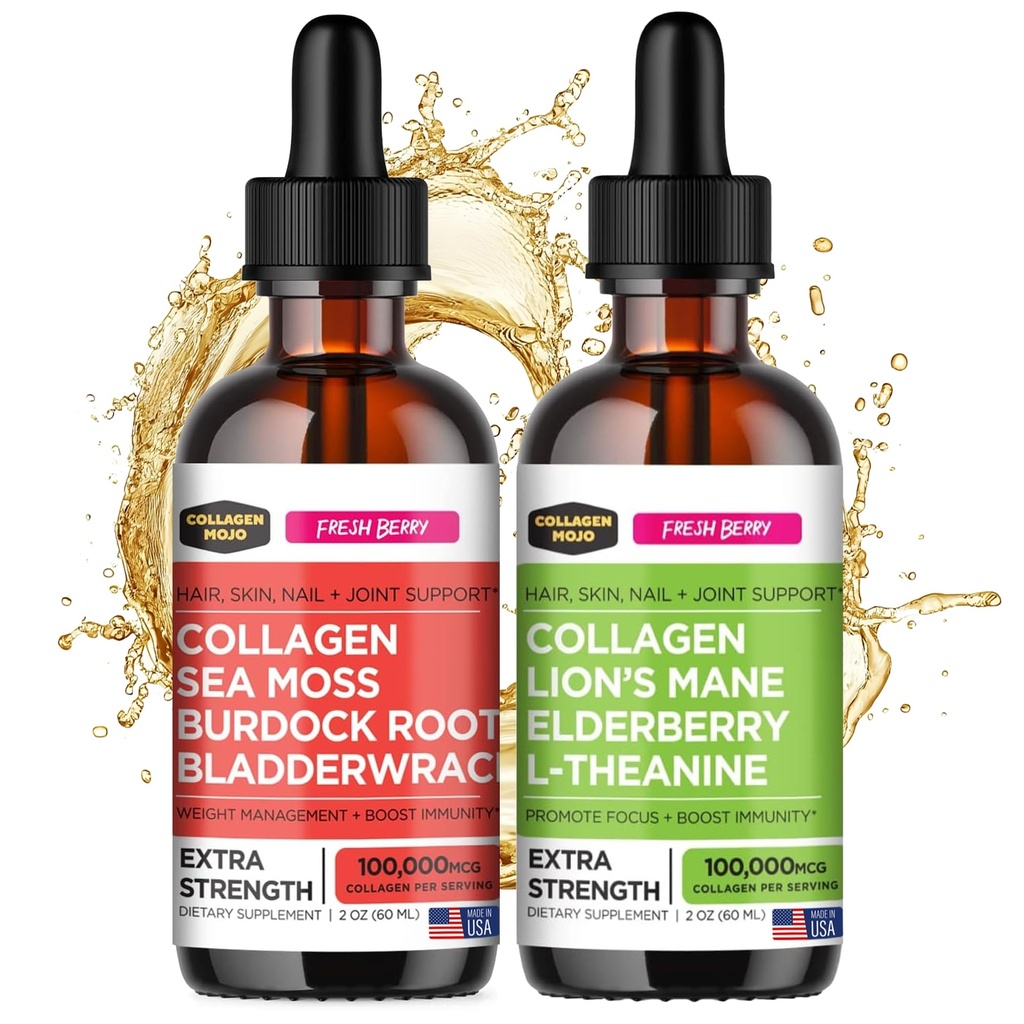 Collagen Mojo Liquid Collagen Peptides with Sea Moss, Burdock Root & Bladderwrack + Liquid Collagen Peptides with Lions Mane Mushroom, Elderberry & L-Theanine