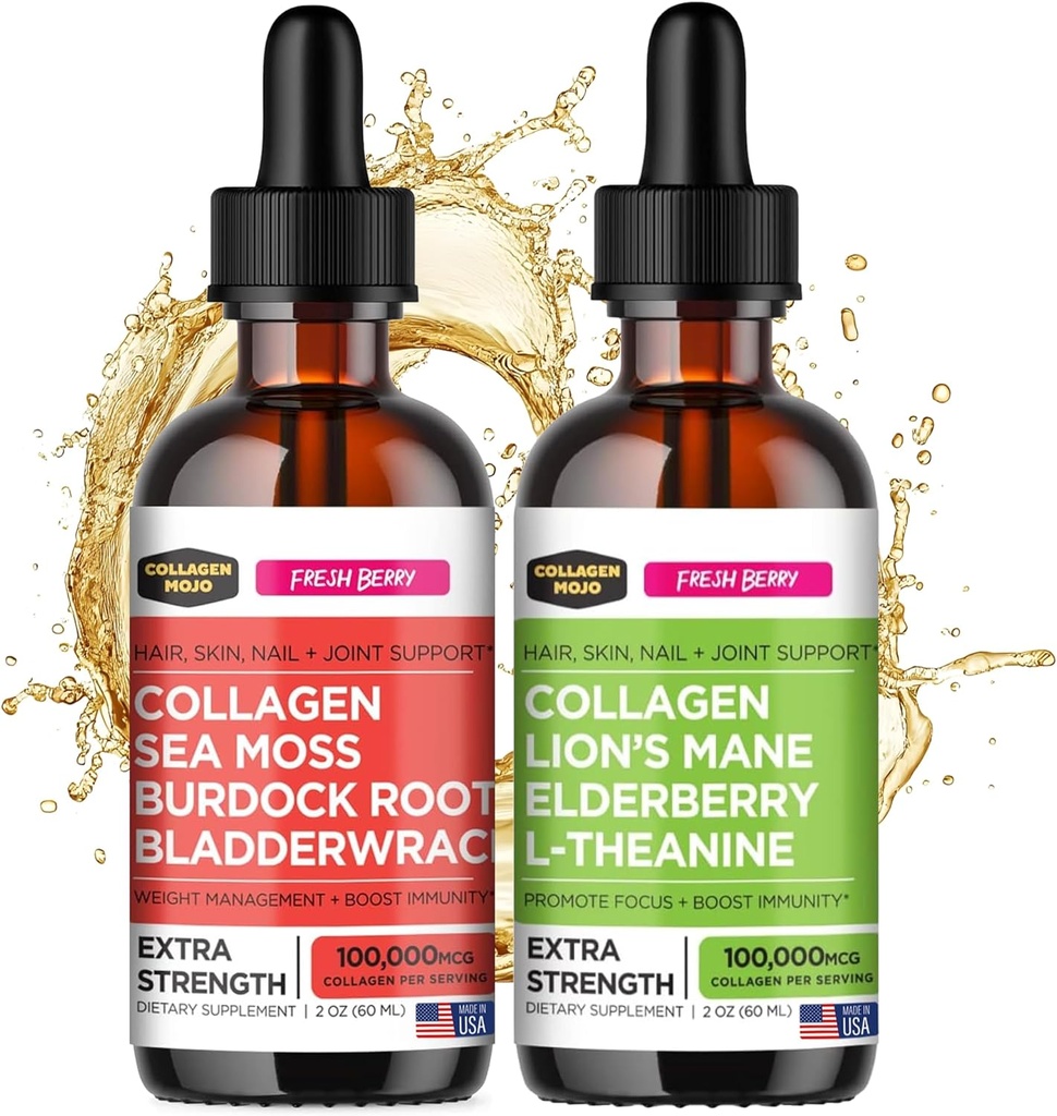 Collagen Mojo Peptides de collagène liquide avec la mousse de mer, la racine de lard et la bradderwrack + Peptides de collagène liquide avec le champignon Lions Mane, Elderberry & L-Theanine