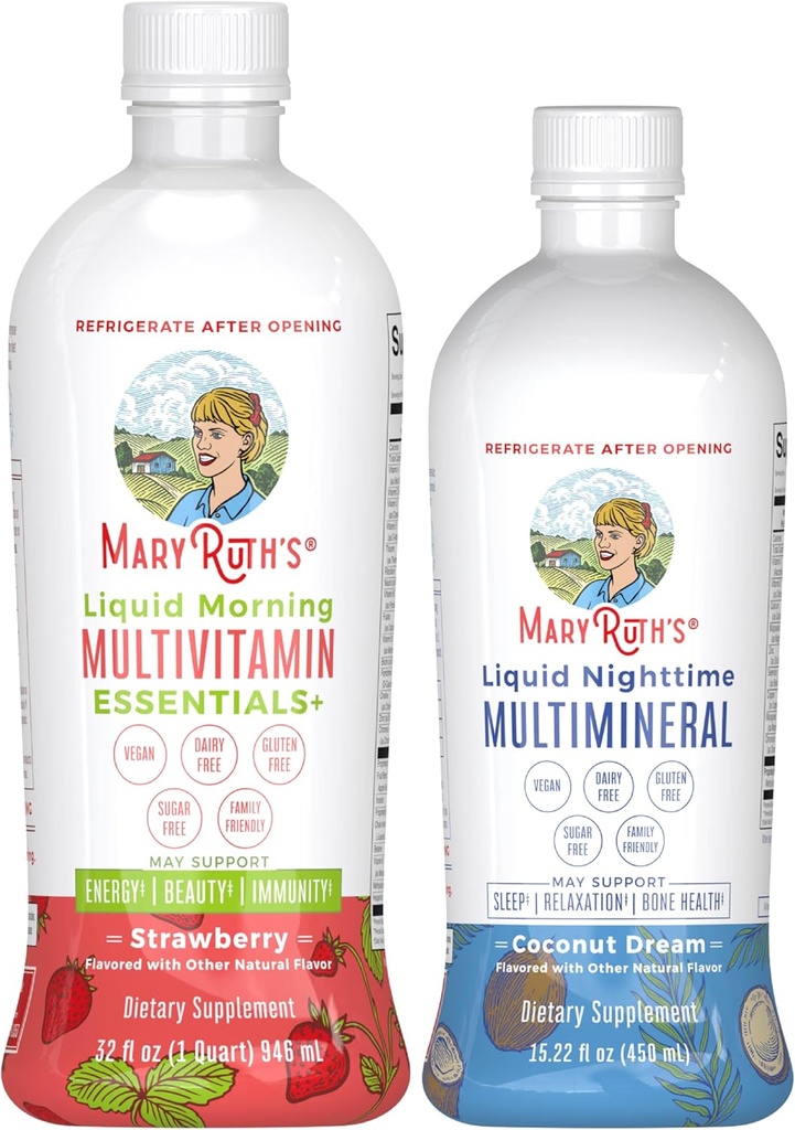 MaryRuth's Liquid Morning Multivitamine (Strawberry) & Liquid Nighttime Multiminéral (Coconut, 15oz) - Projet d'étiquette propre Vérifié® - Vitamines végétales pour l'énergie, la routine du temps de lit et la santé globale