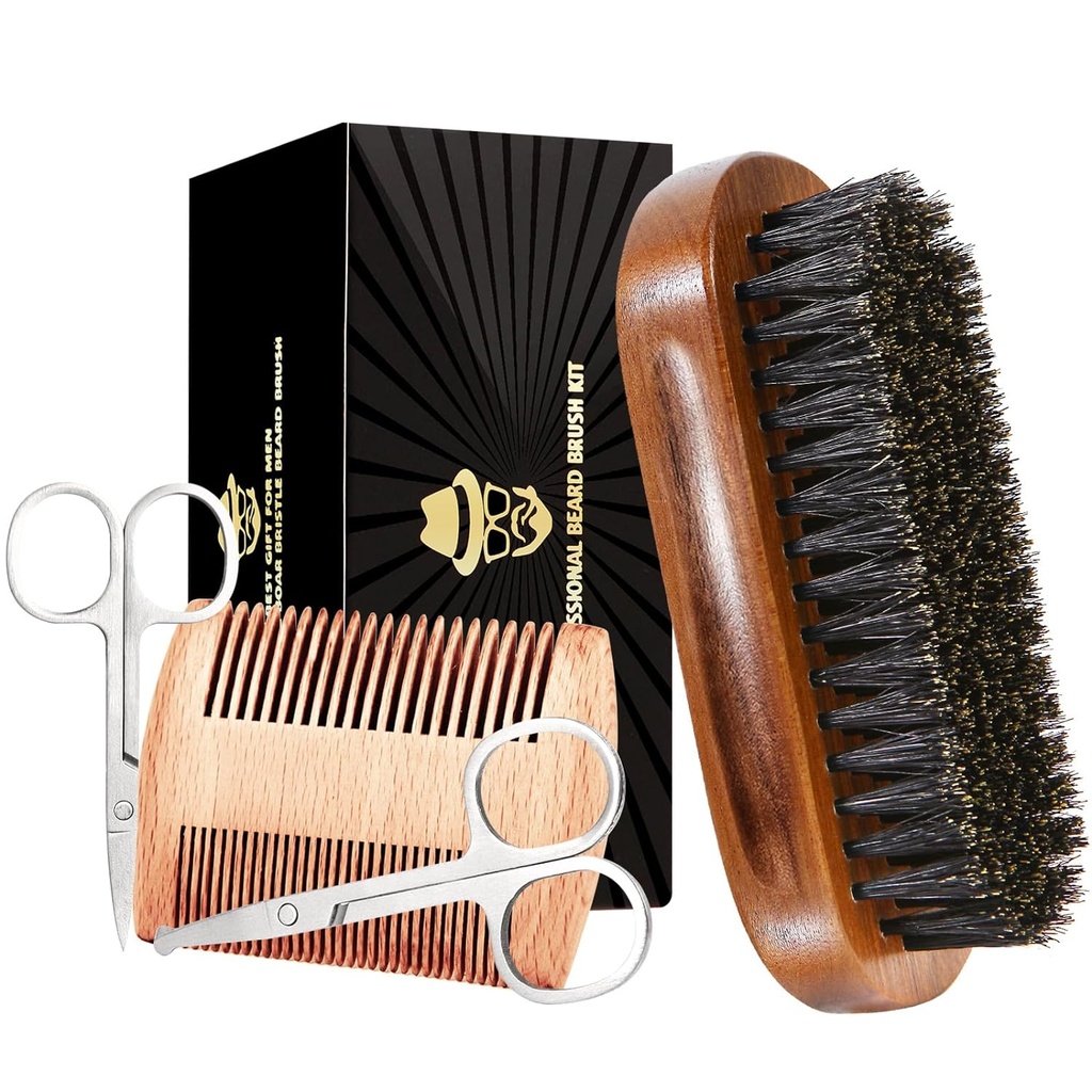 Brosse à barbe pour hommes, noyer noir Brosse à barbe et moustaches, y compris brosse à barbe, peigne à barbe, ciseaux et sac de voyage