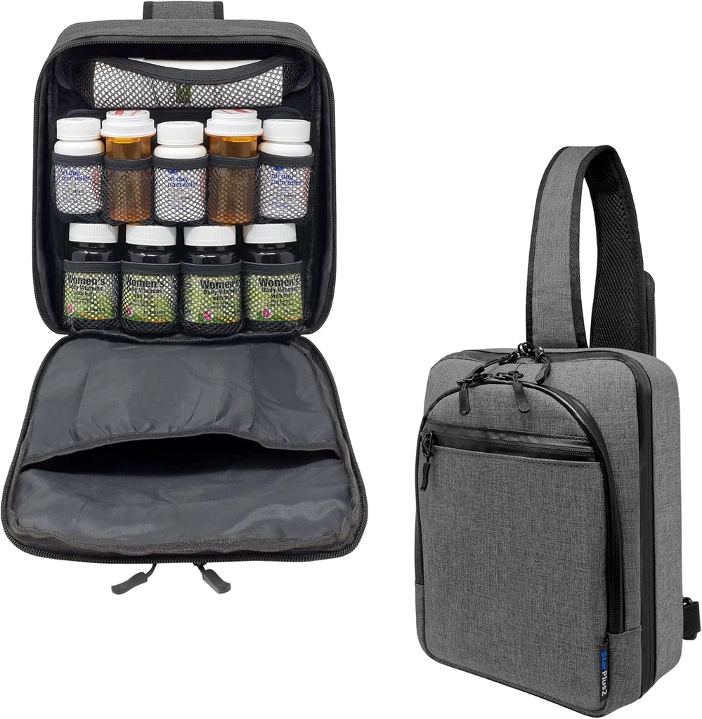 Organisateur de bouteilles de pilules modulaires sans aiguilles, sac médical, étui, porte-médicaments, vitamines et fournitures médicales - Heather Gray (Sans serrure)