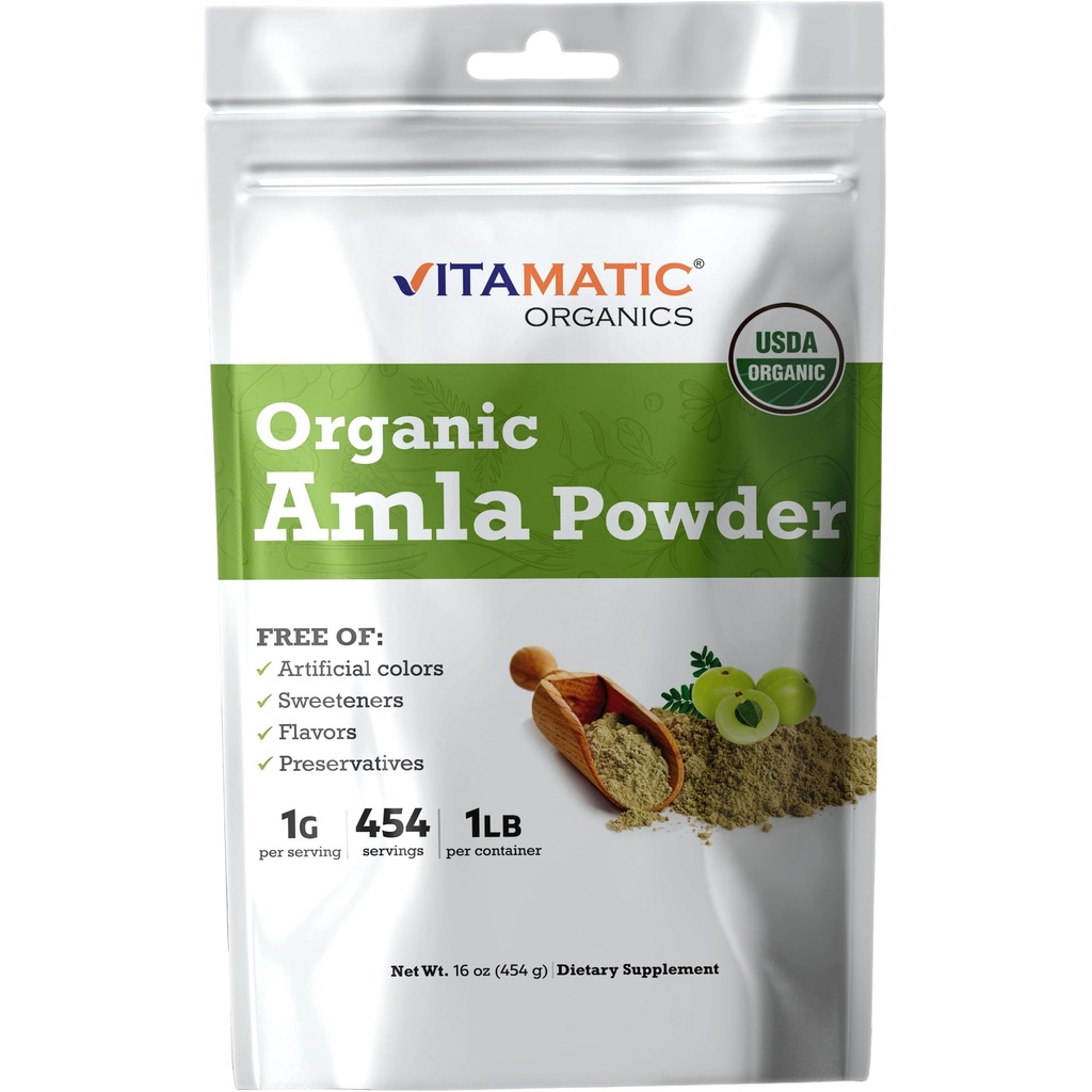 Certifié Vitamatic USDA Bio Amla Berry Powder – 1 lb (16 oz) Amalaki. Riche en vitamine naturelle C et antioxydants.