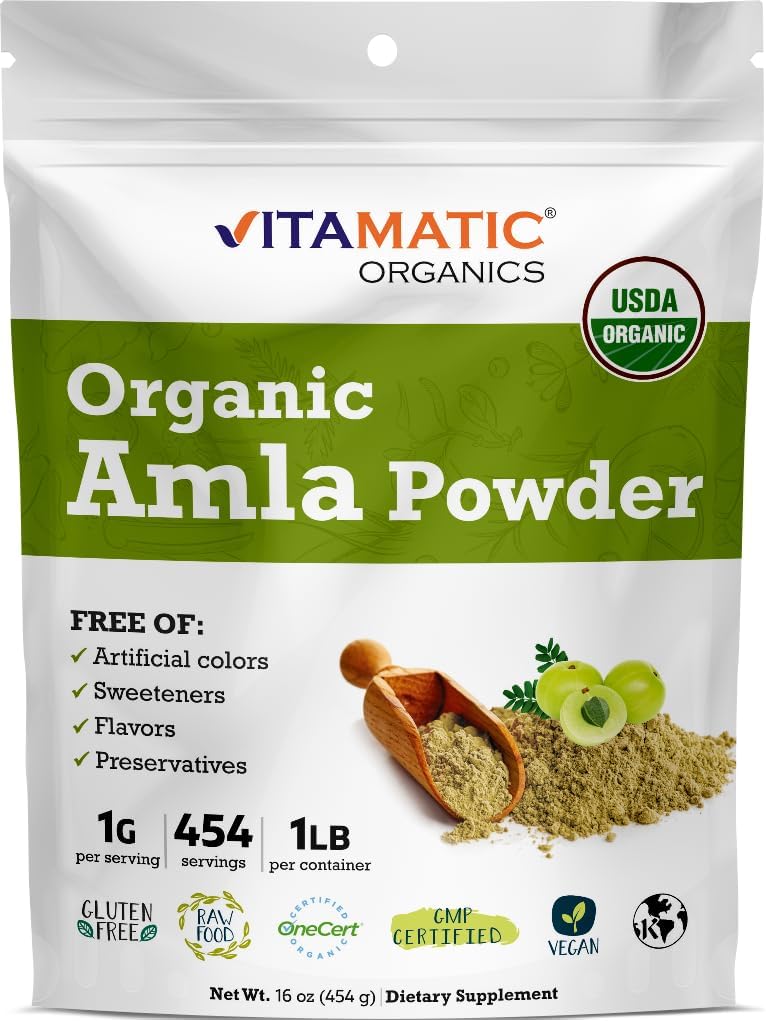 Certifié Vitamatic USDA Bio Amla Berry Powder – 1 lb (16 oz) Amalaki. Riche en vitamine naturelle C et antioxydants.