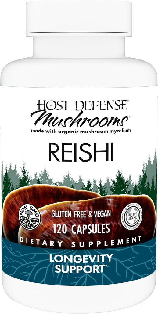 Host Defense Reishi Capsules - Supplément de soutien cardiaque et immunitaire - Supplément de champignons pour soutenir l'énergie et la vitalité - Supplément de Reishi pour aider le bien-être général - 120 capsules (60 portions)*