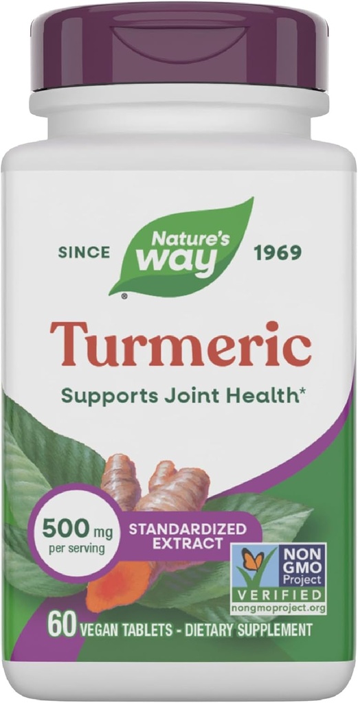 Nature's Way Turmeric, Premium Extract, soutient la santé conjointe*, normalisé à 95% Curcuminoides, 500 mg de service, Suppléments non-OGM, 60 comprimés (paquetage mai vary)