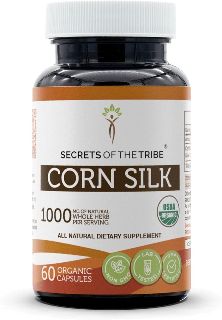 Secrets of the Tribe Corn Silk 60 Capsules, 1000 mg, USDA Organic Zea Mays Dried Silk (60 Capsules)