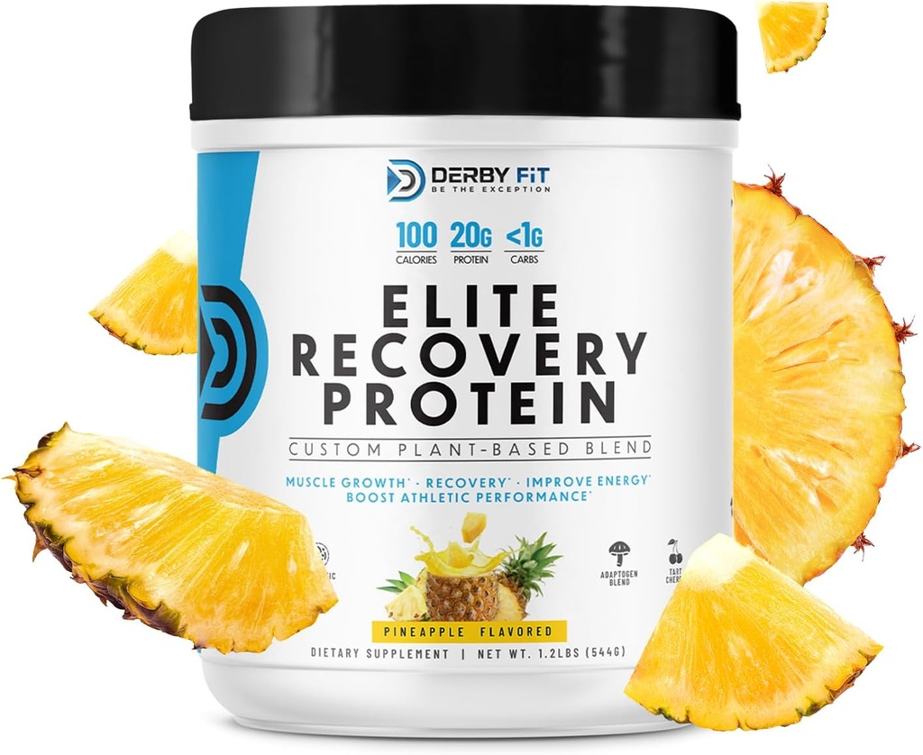 Derby Fit Elite Recovery Protéines propres, faible récupération de glucides Poudre de protéines pour les femmes et les hommes - sans gluten, végétalien, sans produits laitiers, antianas - 20 portions (paquet de 1)