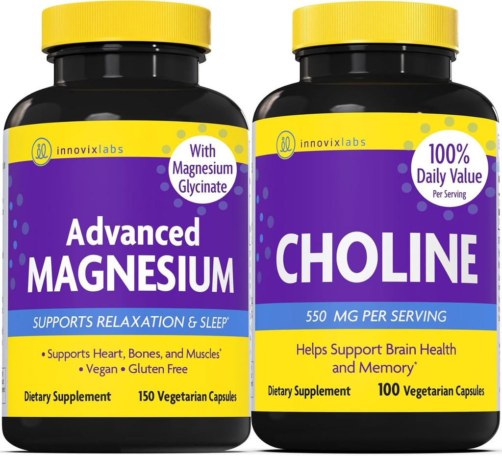 InnovixLabs Choline & Magnésium Bundle Choline Bitartrate 550mg (100 Capsules) Magnésium avancé (150 Capsules). Soutient la mémoire, l'humeur, la santé cérébrale et le renforcement cognitif.*