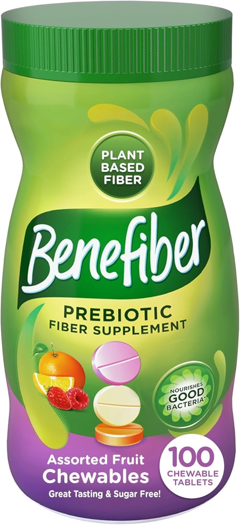Comprimés de supplément de fibre prébiotique à croquer pour la santé digestive, arômes de fruits assortis - 100 Nombre