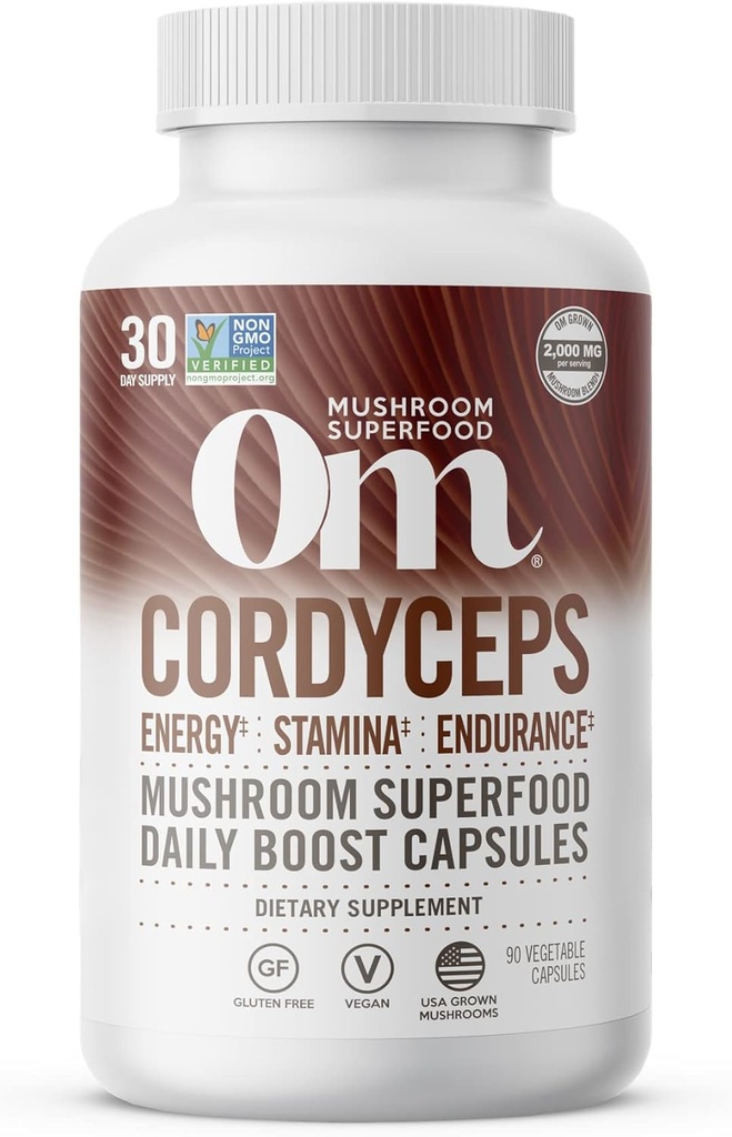 OM MUSHROOM SUPERFOOD Cordyceps Capsules de champignons Superfood Supplément, 90 Compte, 30 jours, Supplément d'énergie biologique pour l'endurance