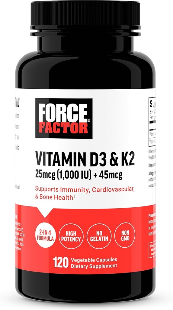 FACTEUR DE FORCE Vitamine D3 K2 à l'appui de l'immunité, de la santé cardiaque, du soutien des os et plus encore, formule 2-en-1 à haute capacité, végétalien, sans gélatine, sans OGM, 120 capsules