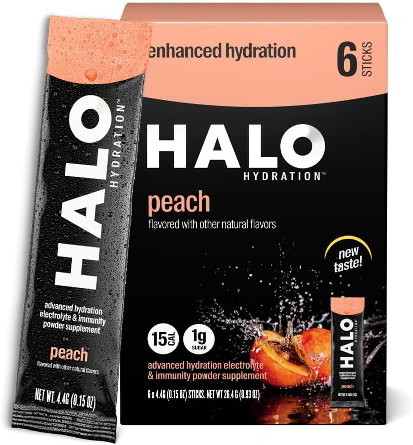 Halo Hydratation Powder Packets Electrolytes – Pêche - 6 portions (5g chacune) - Boissons d'hydratation biologique avec faible sucre + Vitamines essentielles + Minéraux - Vegan