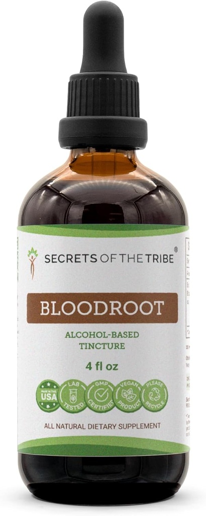 Secrets de l'extrait de teinture d'alcool de racine de sang de la tribu, racine de sang d'élevage responsable (Sanguinaria Canadensis) Supplément de teinture de racine séchée (4 fl oz)