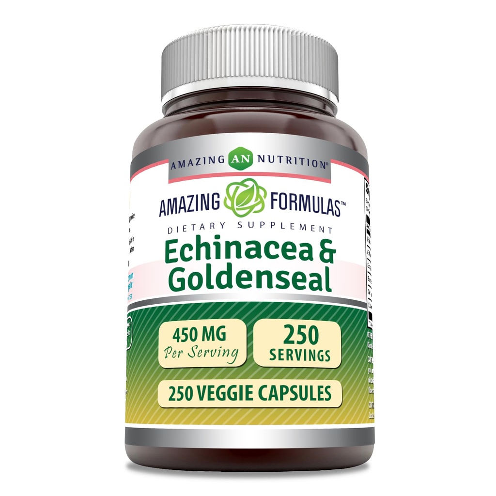 Formules étonnantes Echinacea avec supplément de seaux d'or (450 Mg) Capsules de légumes (non-OGM) Sans gluten (Fabriqué aux États-Unis) (1 Pack, 250 Compte)