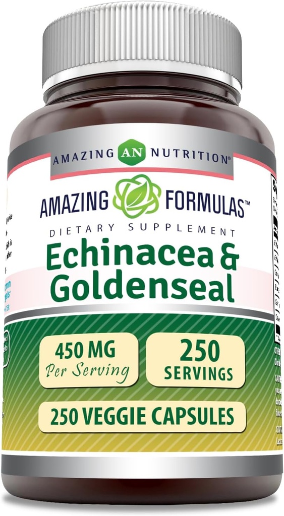 Formules étonnantes Echinacea avec supplément de seaux d'or (450 Mg) Capsules de légumes (non-OGM) Sans gluten (Fabriqué aux États-Unis) (1 Pack, 250 Compte)