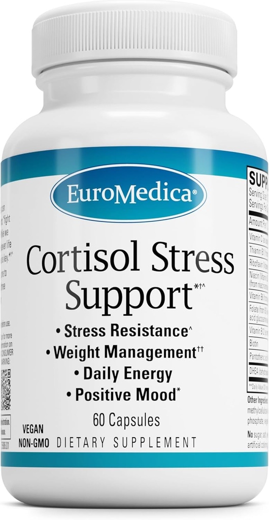 EuroMedica Cortisol Stress Support - Supplément d'énergie quotidienne avec DHEA - Capsules Vegan avec Vitamine B2 & C - Supplément diététique pour le système immunitaire - 60 Capsules