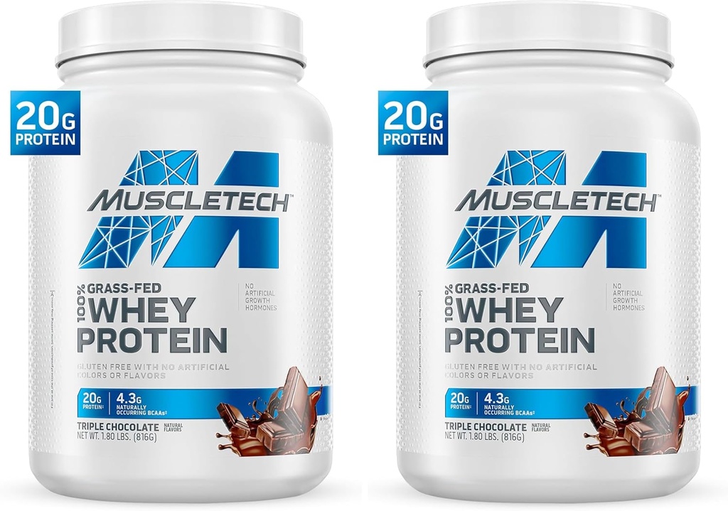 MuscleTech Poudre de protéines de lactosérum pour le gain musculaire, sans hormones de croissance, sans OGM, sans gluten, 20g de protéines + 4,3g BCAA, triple chocolat, 1,8 lb (paquet de 2)