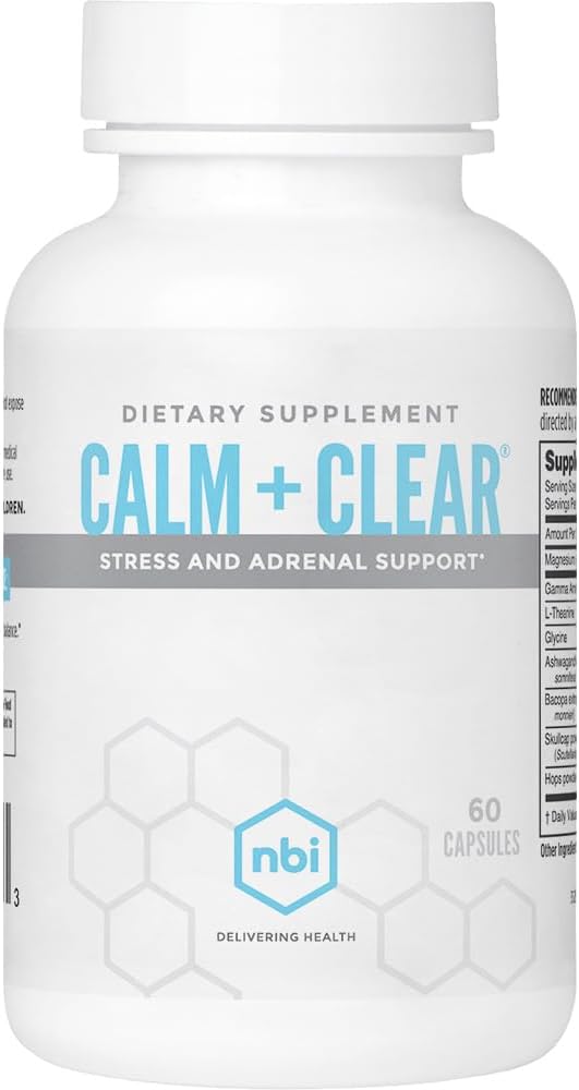 NBI Calm + Clear Mood and Focus Support | Natural Stress and Adrenal Support with Magnesium, GABA, Ashwagandha, L-Theanine, Glycine, Bacopa, Skullcap, and Hops Powder | 60 Count Capsules