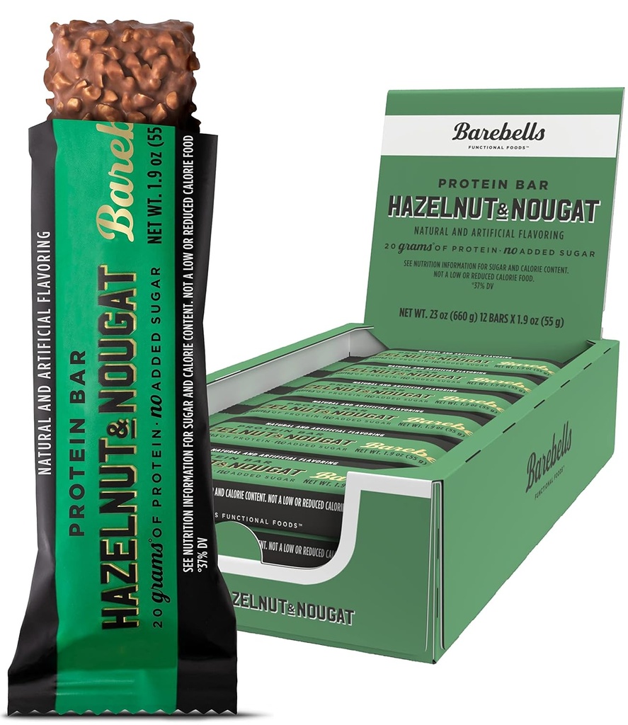 Barebells Barres protéinées Noisettes et Nougat - 12 Nombre, 1.9oz Barres - Snacks protéiniques avec 20g de haute protéine - Barre de protéines de chocolat avec 1g de sucres totaux - Sur le Go Protein Snack & Breakfast Bars