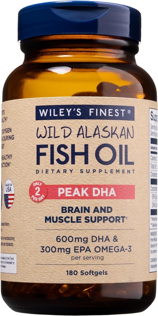 Wiley's Finest Wild Alaskan Fish Oil Peak DHA - 900mg EPA et DHA Omega-3 - 180 Softgels (90 portions)