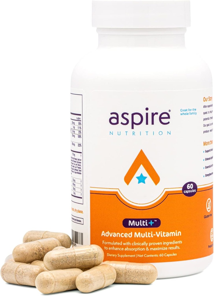Aspire Multi+TM Multivitamine avancée pour les hommes, les femmes et les enfants - Meilleur supplément pour Focus, Attention, Mémoire, Mood. Nutriments, minéraux et vitamines plus absorbants - Tous naturels