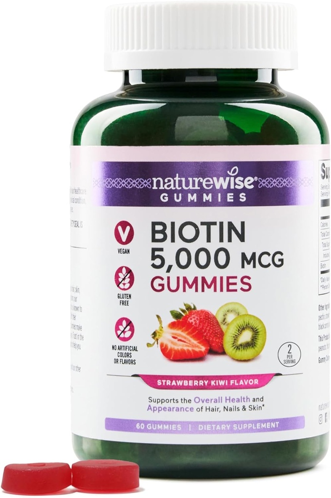 Gommies de biotine NatureWise - Soutient les cheveux sains, la peau et les ongles forts - Vitamine B7 5000mcg - Beauté naturelle - Fraise-Kiwi Flavor - Vegan, non-OGM, sans gluten - 60 comtes[30 jours]