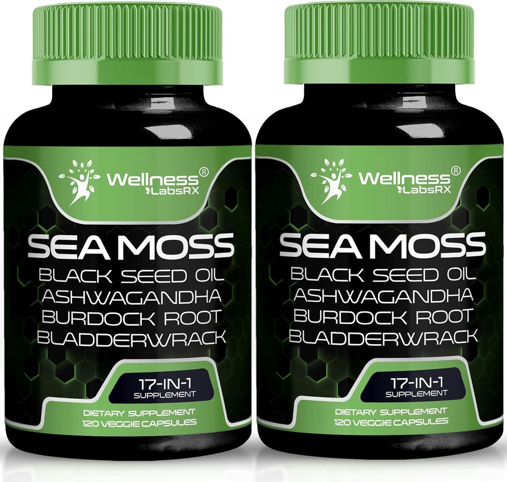 Irish Sea Moss Capsules, 17-en-1, Seamoss Black Seed Oil, 240 Count, Ashwagandha Burdock Root Organic Bladderwrack Capsules de Seamoss Bio Sea Moss Advanced, Immmune and Blood Pressure Support - 2 Pack