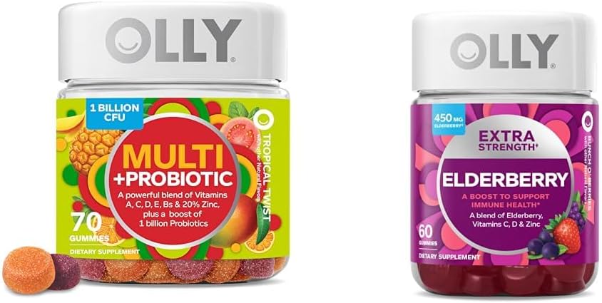 Gummy multivitamine adulte avec probiotiques, 1 milliard d'UFC, 70 Gummées de baies aînées de comte et de force supplémentaire, soutien immunitaire, 450mg, 60 Nombre