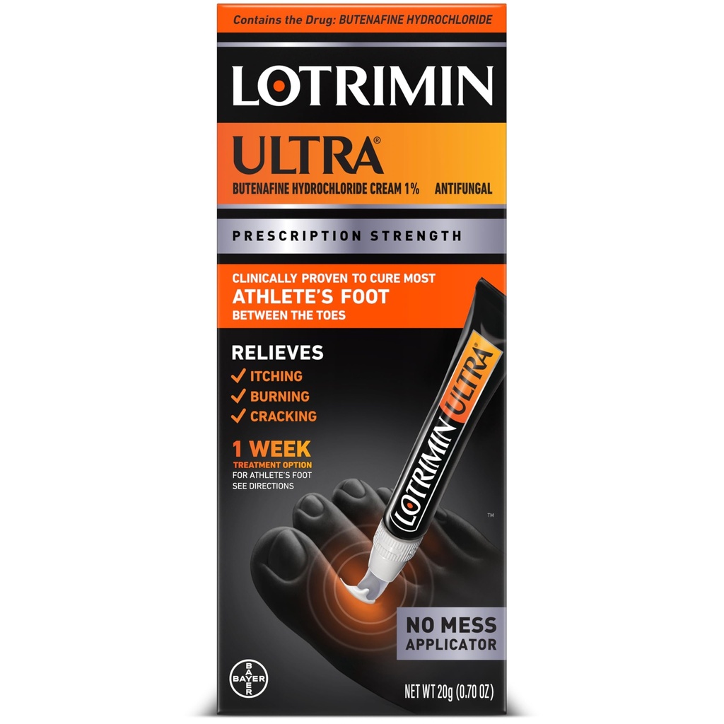 Lotrimin Ultra sans applicateur tactile, crème de traitement des pieds pour athlètes de 1 semaine. Contrainte d'ordonnance Hydrochlorure de buténafin 1%,Cure la plupart des athlètes Pied entre les orteils, Antifongique,0,7 oz (20 grammes)