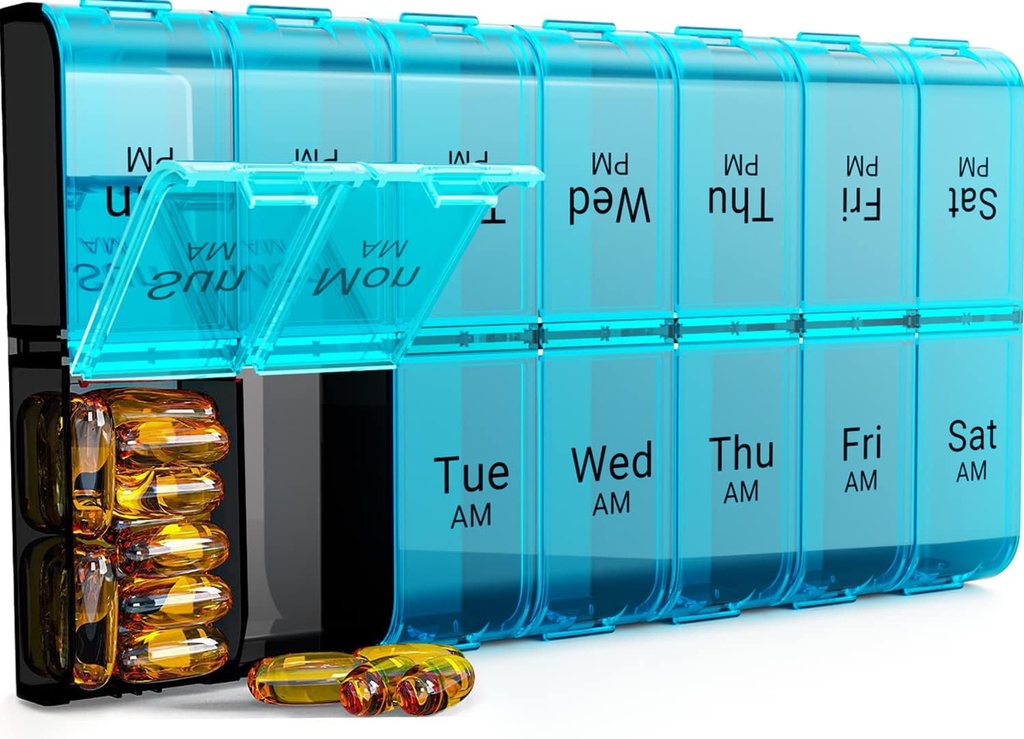 7 Jours Extra Large Pill Organizer 2 fois par jour, hebdomadaire Pill Box Deux fois par jour, XL AM PM Pill Case, surdimensionné organisateur de médecine quotidienne pour la vitamine, grand contenant de pilule (Cyan)