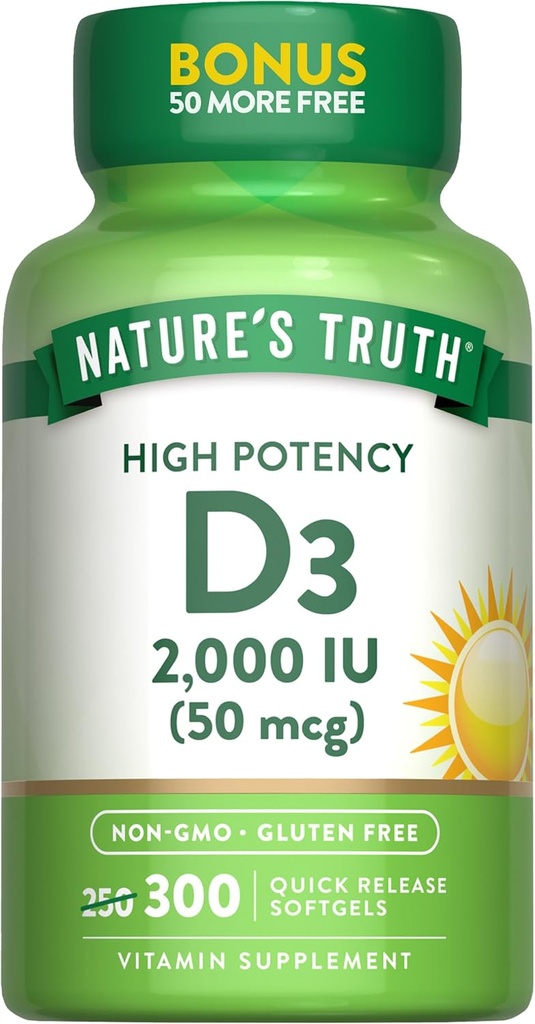 La vérité de la nature Vitamine D3 2000 UI , 300 Softgels , Formule de puissance élevée , Supplément sans OGM et sans gluten