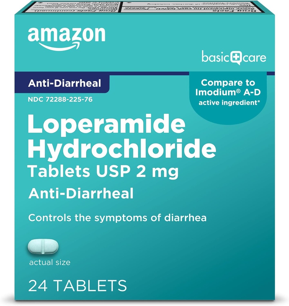 Soins de base Comprimés de chlorhydrate de loperamide, 2 mg, antidiarrhéique, 24 Nombre (paquet de 1) (paquets pouvant varier)