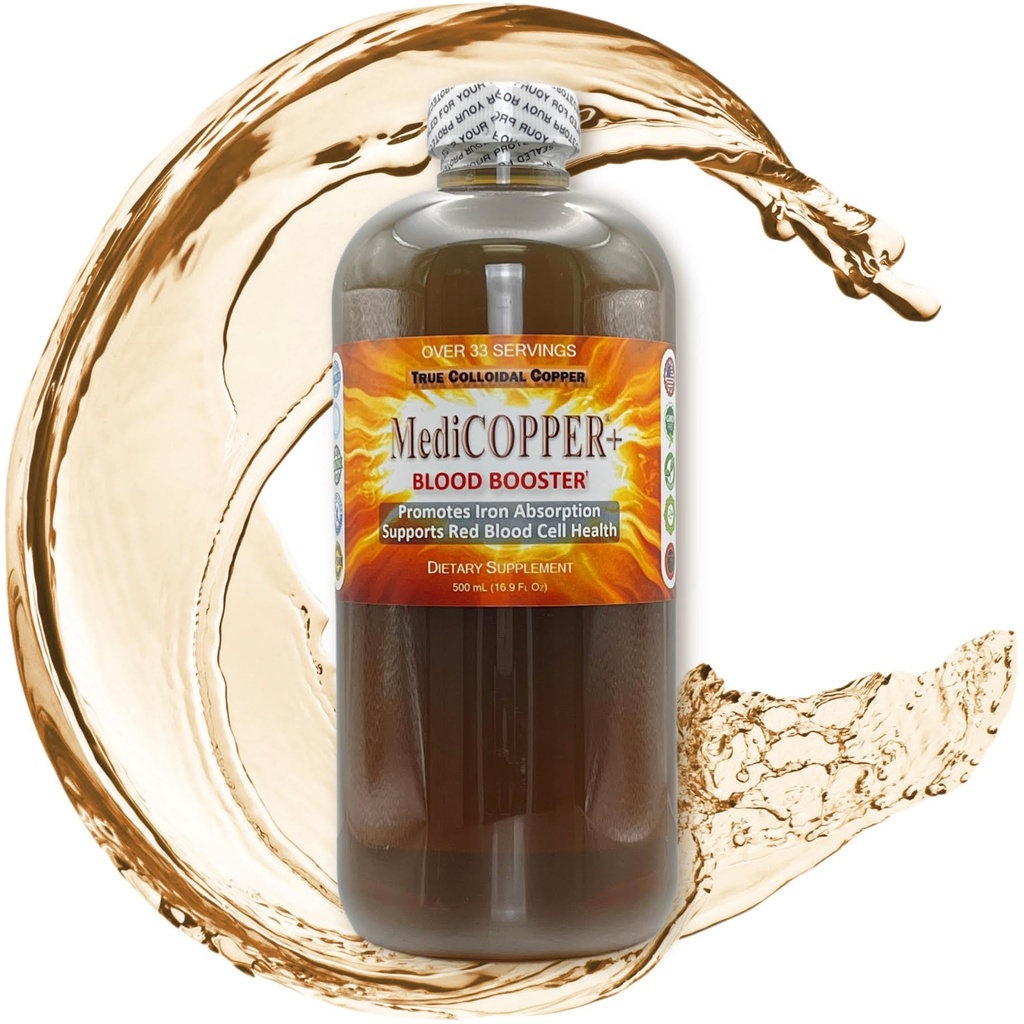 MediCOPPER® Plus Blood Booster True Colloïdal CuNP Supplément nutritionnel - 500 mL dans une bouteille en plastique transparent