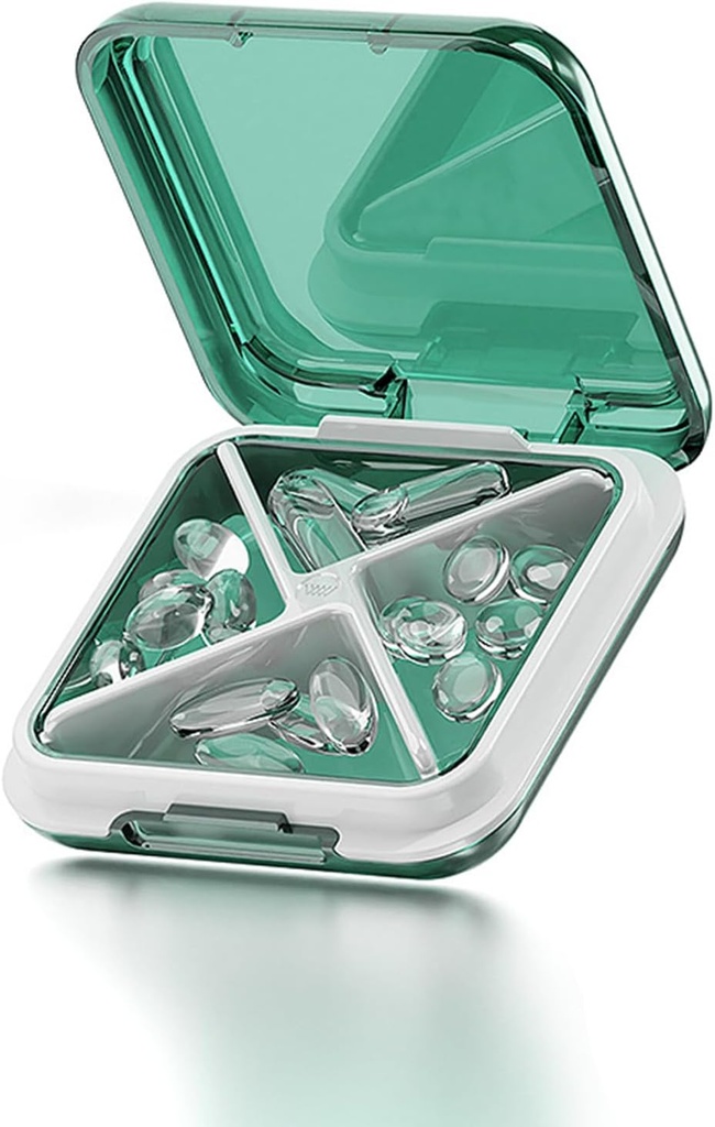 Petite boîte à pilules Étanche à l'eau Cas de pilules Portable Daily Pill Container Pill Holder for Purse 4 Compartiments Pocket Compact Medicine Organizer for Fish Oils,Supplements,Medication (Green)
