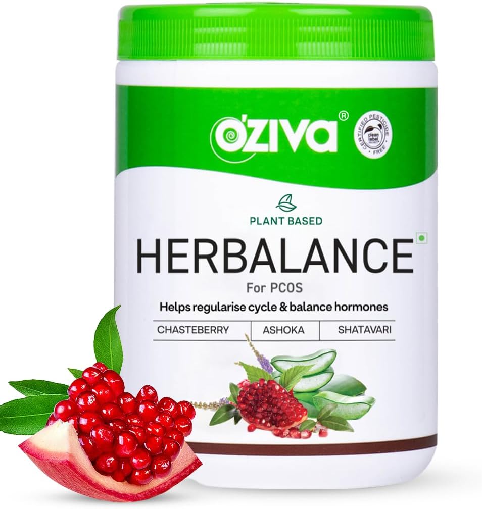 OZIVA Plant based HerBalance pour PCOS.com Supplément PCOS pour les femmes pour l'équilibre hormonal et un meilleur cycle menstruel.com PCOS boisson avec Inositol, Shatavari,Chasteberry, Ashoka certifié propre et végétalien, 250g