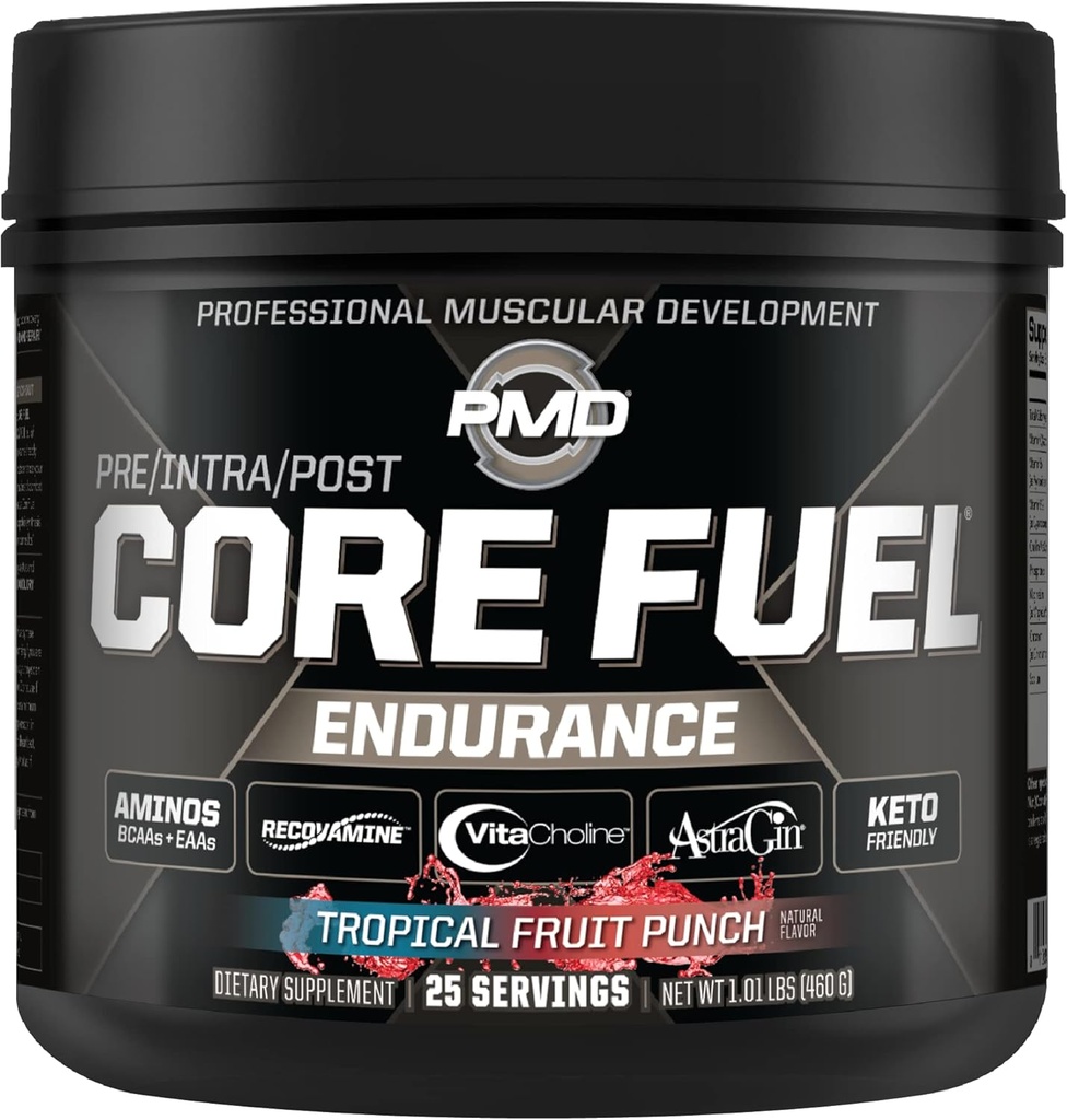PMD Sport Carburant de base Endurance, performance et récupération - BCAA, AAE, Beta Alanine, Betaine Anhydre, Glutamine, Electrolytes - Croissance musculaire, Force - Stim Free, Tropical Fruit Punch (25 portions)