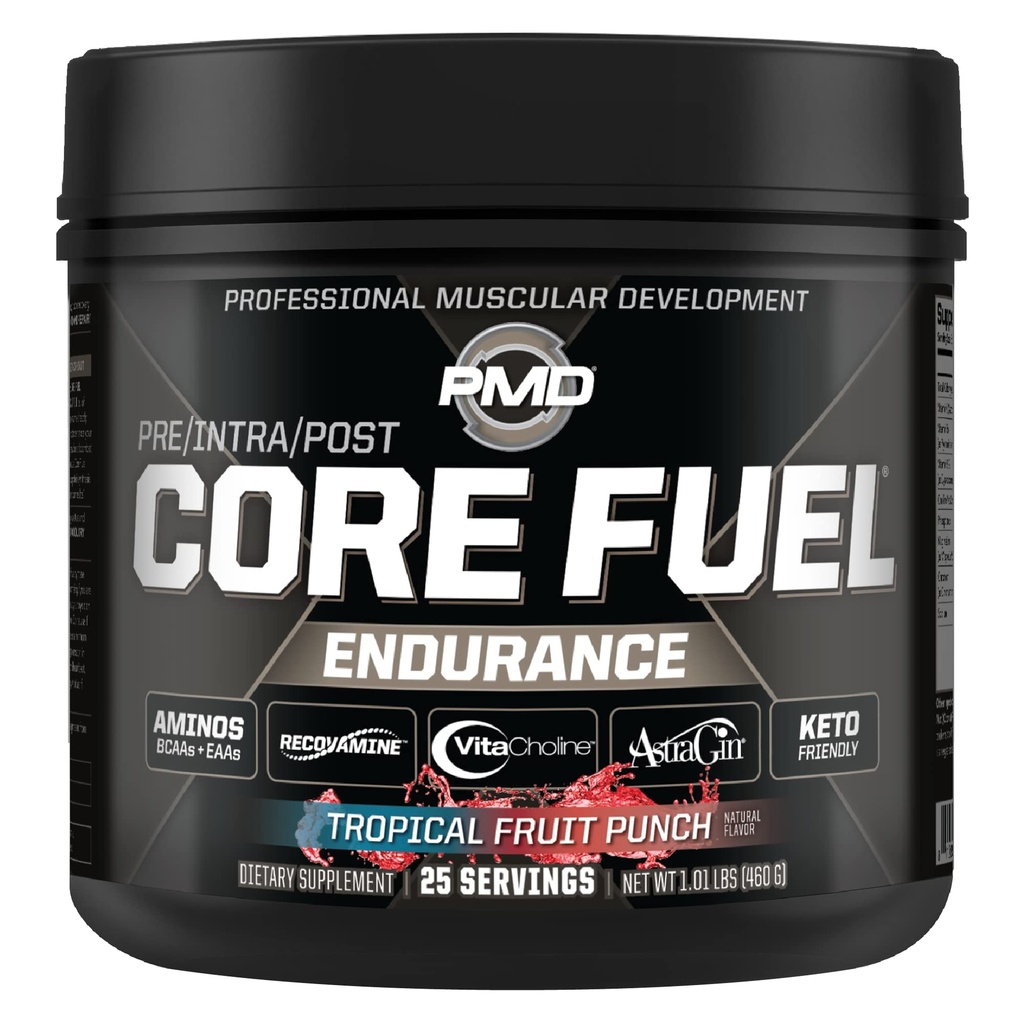 PMD Sport Carburant de base Endurance, performance et récupération - BCAA, AAE, Beta Alanine, Betaine Anhydre, Glutamine, Electrolytes - Croissance musculaire, Force - Stim Free, Tropical Fruit Punch (25 portions)