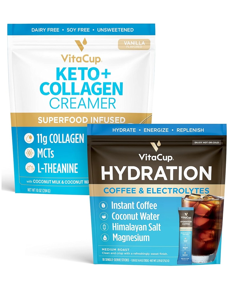 Hydratation VitaCup Bâtons de café instantanés avec/Electrolytes, Eau de coco, Roast moyen 18ct & Keto + Collagen Vanilla Crème à café avec/Superfoods & MCTs, 10 oz
