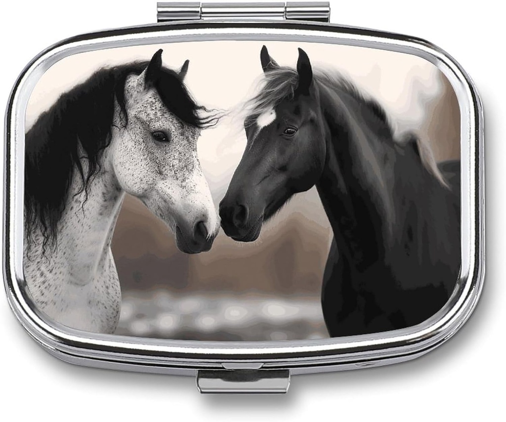 Black and White Horses Square Pill Box, 2 compartiments décoratifs Pocket Pill Box for Pocket or Purse Portable Mini Travel Medicine Tablet Organizer Pill Case