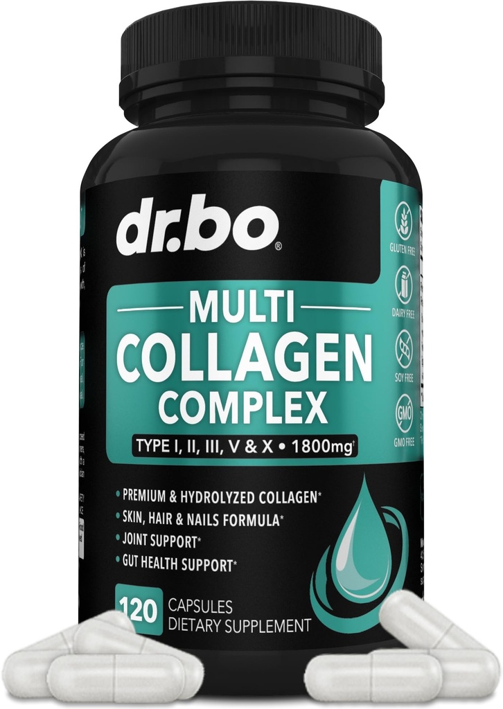 Multi Collagène Peptides pour Femmes & Hommes - Type I, II, III, V, & X Multi Collagène pour Femmes & Hommes Capsules complexes, Suppléments de Peptides Hydrolysés pour la peau, les cheveux et les ongles - 120 Capsules protéiques