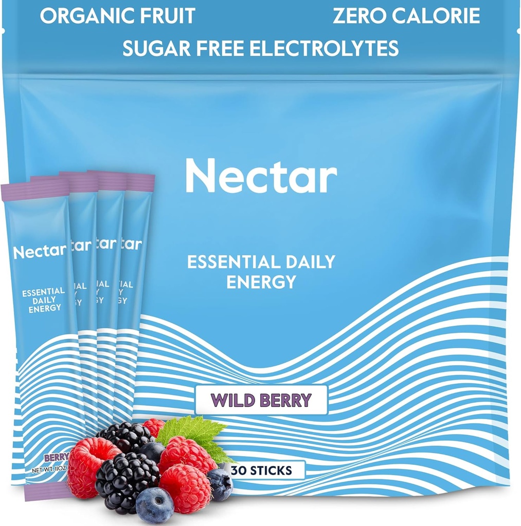 Nectar Energy Booster - Caféine biologique, B12 & Electrolytes - Sans sucre et sans calories – Café sain, boisson énergétique et substitut de soda – hydratation et supplément énergétique (Berry 30 Powder Packets)