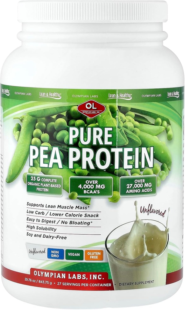 Olympien Labs à base végétale Poudre de protéines de pois, non aromatisée - 25g de protéines, végétalien, faible teneur en glucides, sans gluten, sans lactose, sans sucre ajouté, sans soja, sans casher, sans OGM, poudre de protéines de pois de 2 livres