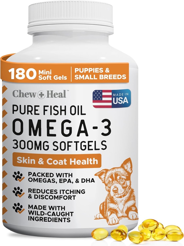 Wild Capght Omega 3 Huile de poisson pour chiens - 180 Capsules de Softgel pour une peau et une fourrure saines - 300 mg Mini pilules d'huile de poisson pour chien pour Shedding, peau de démangeaison sèche et taches chaudes - supplément de saumon Omega Pet