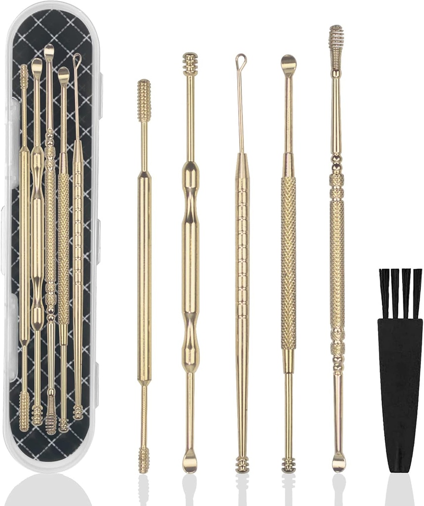 Kit d'enlèvement de cire d'oreille prolongée Hion 6 Pcs,Outils d'enlèvement de cire d'oreille double tête professionnelle,Curette nettoyante d'oreille en acier inoxydable 316L avec brosse de nettoyage et boîte de rangement,Cuit pour enfant adulte(or)