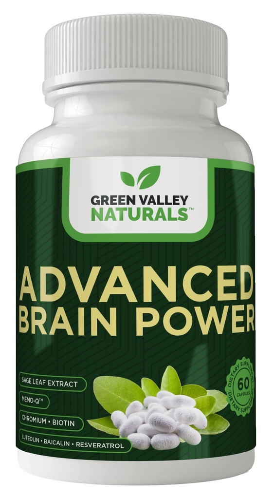 NATURELS VALLEY GREEN - Puissance cérébrale avancée - Soutienne une fonction cérébrale saine, normale, focale et concentration, formulé cliniquement pour soutenir la clarté cérébrale saine. (1 bouteille, 60, compte)